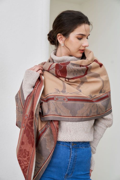 AWST Baroque Horses Acrylic Cashmere Scarf - Tan