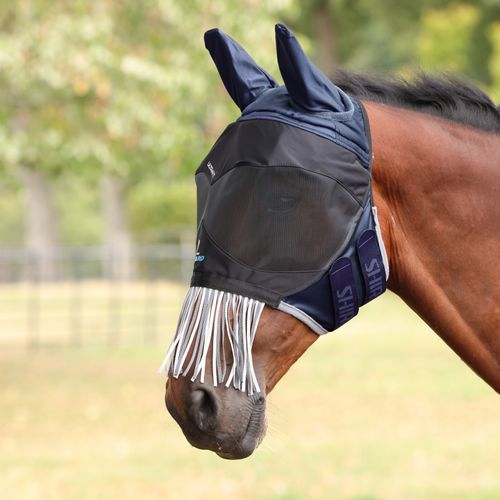 Shires FlyGuard Pro Deluxe Fly Mask w/Ears & Fringe - Navy