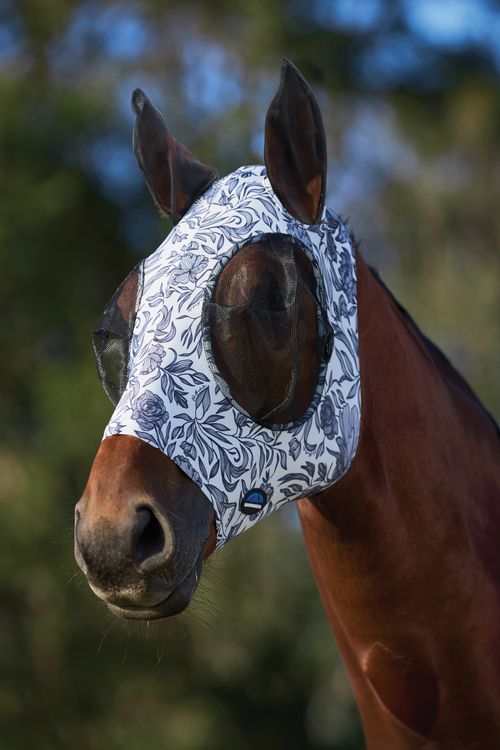 Weatherbeeta Comfitec Stretch Fly Mask w/Ears - White/Navy Floral Print