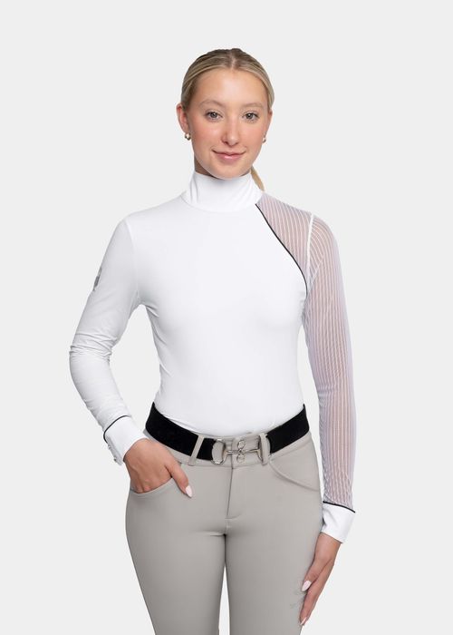 OVERSTOCK: Hassinger Women's Astra Long Sleeve Show Shirt - Medium - Navy/White Piping