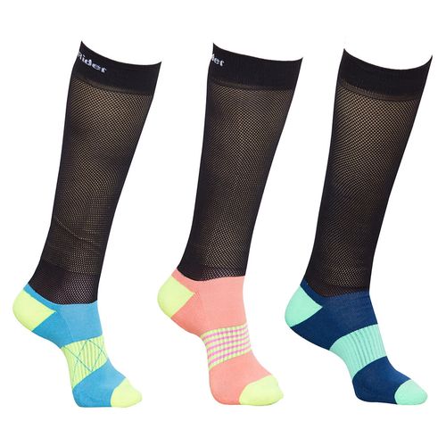 BARGAIN BARN: TuffRider Equicool Ventilated Riding Socks 3 Pack - One Size - Blue State/Coral/Sky Blue