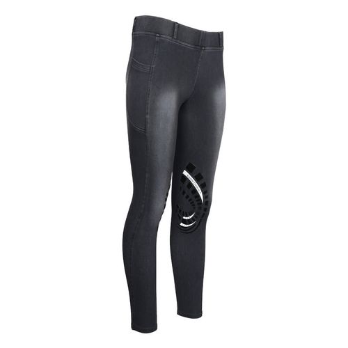 Equine Couture Women's Denim Silicon Knee Patch Tights w/Phone Pocket - Graphite