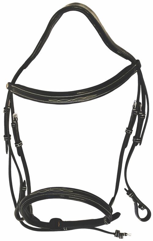 OPENBOX: Henri de Rivel Pro Mono Crown Fancy Bridle w/Patent Leather Piping and Laced Reins - Cob - Black
