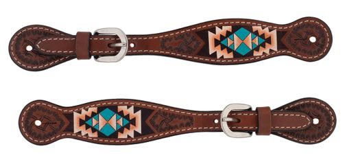Weaver Turquoise Cross Aztec Spur Straps - Light Oiled