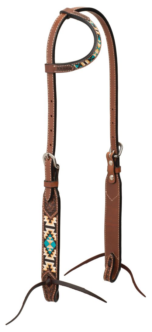 Weaver Turquoise Cross Aztec 5/8" Sliding Ear Headstall - Light Oiled