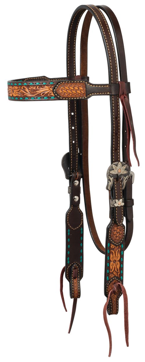Weaver Turquoise Cross Floral Buckstitch 5/8" Browband Headstall - Dark Oiled