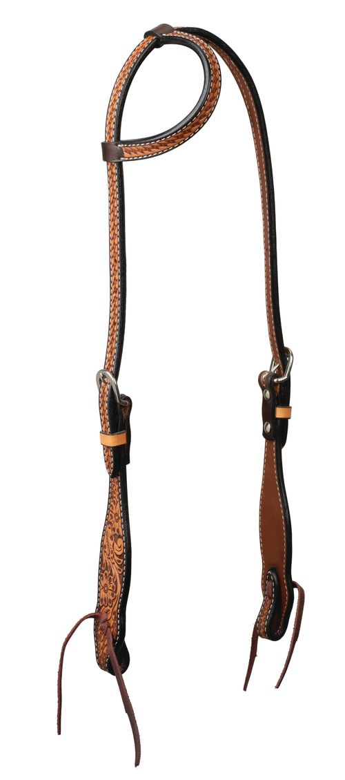 Weaver Turquoise Cross Floral Tooled Sliding Ear Headstall - Light Oiled