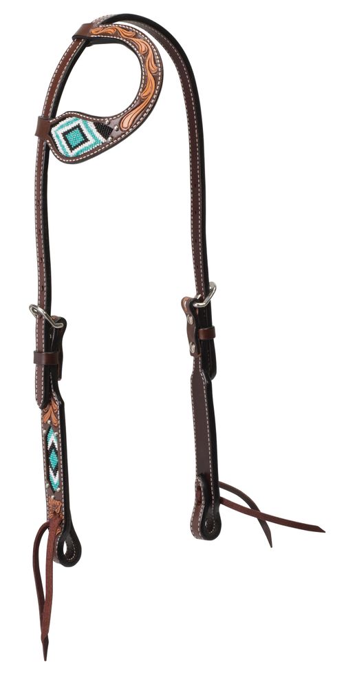 Weaver Turquoise Cross Turquoise Beaded 5/8" Flat Sliding Ear Headstall - Dark Oiled