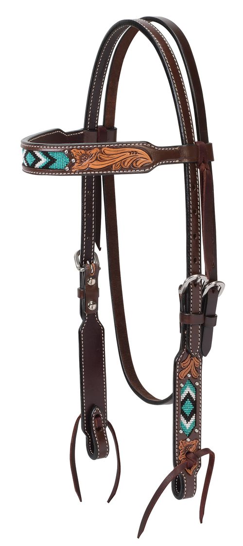 Weaver Turquoise Cross Turquoise Beaded 5/8" Browband Headstall - Dark Oiled