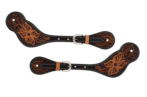 Weaver Turquoise Cross Floral Carved Spur Straps - Light Oiled