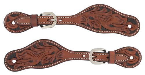 Weaver Turquoise Cross Floral Carved Spur Straps - Chestnut