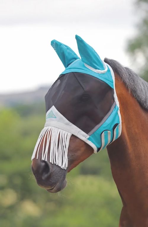READY TO SHIP: Shires FlyGuard Fine Mesh Fly Mask w/Nose Fringe - Small Pony - Teal