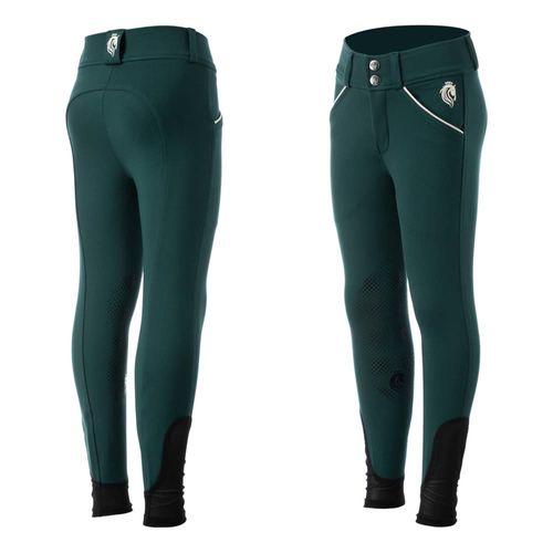 BARGAIN BARN: Equinavia Kids' Greta Silicone Knee Patch Breeches - 14 - Deep Green/Vanilla Cream