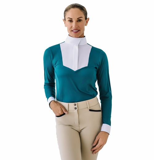 BARGAIN BARN: Ovation Women's Bib Front Long Sleeve Show Shirt - X Large - Deep Teal/Peaceful Retreat