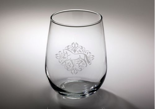 Kelley and Company Floral Etched Stemless Equestrian Wine Glass - Dressage