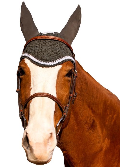 Equine Couture Fly Bonnet with Silver Rope and Crystals - Dark Charcoal