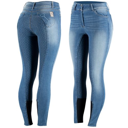 Horze Women's Kaia Highwaist Denim Silicone Full Seat Breech - Lead Blue