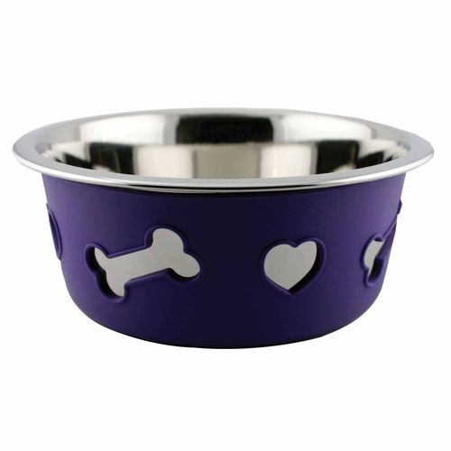 Weatherbeeta Non-Slip Stainless Steel Silicone Bone Dog Bowl - Dark Purple