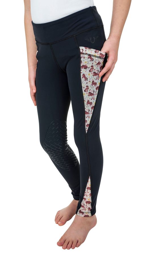 TuffRider Kids' Minerva 3 Season Printed Knee Patch Tights - Black/Fat Pony