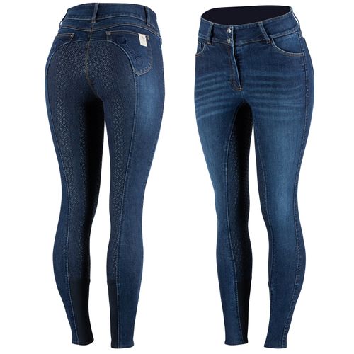 OVERSTOCK: Horze Women's Kaia Highwaist Denim Silicone Full Seat Breech - 38 - Dark Blue