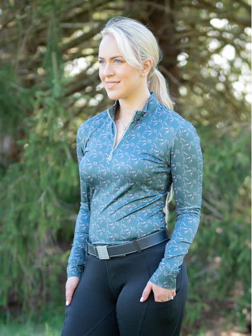 FITS Women's Ayra Fall Winter Long Sleeve Tech Shirt - Hot Pink Horse Print