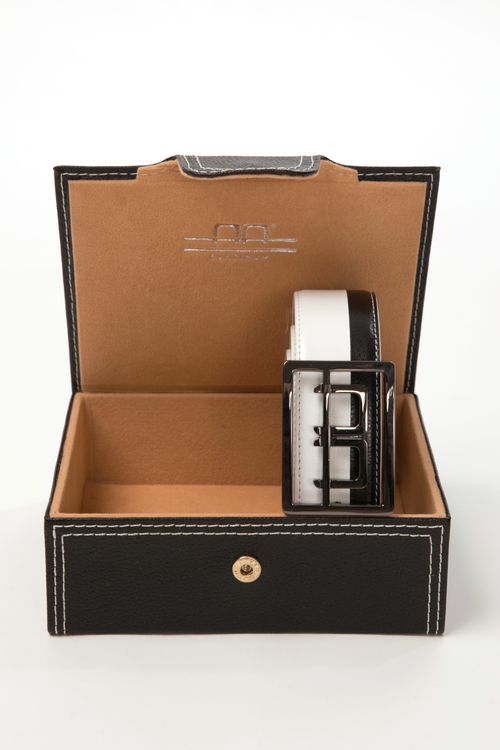 READY TO SHIP: Alessandro Albanese Stripe Belt in Box - 119cm - Black/White