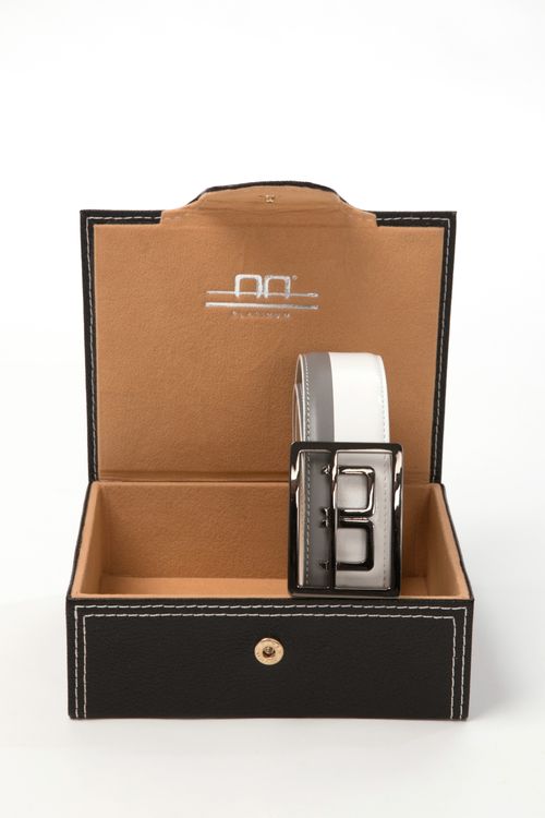 READY TO SHIP: Alessandro Albanese Stripe Belt in Box - 119cm - Grey/White