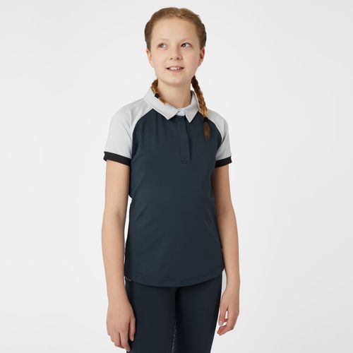 Horze Kids' Laura Ventilated Polo Training Shirt - Obscure Night Blue/ Pebble Grey