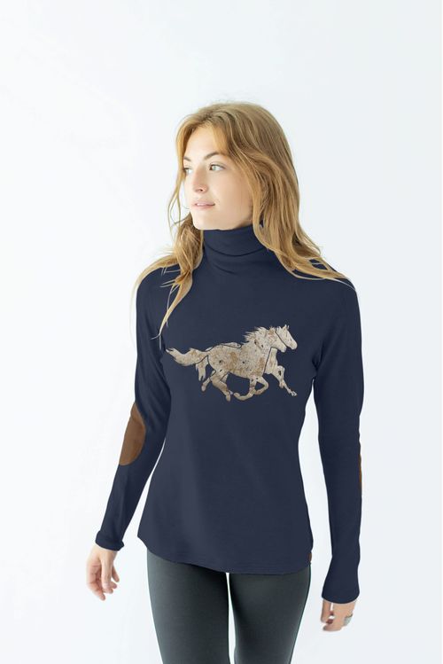 READY TO SHIP: Chestnut Bay Women's Rider Lounge Turtleneck - X Small - Dark Navy Running Horses