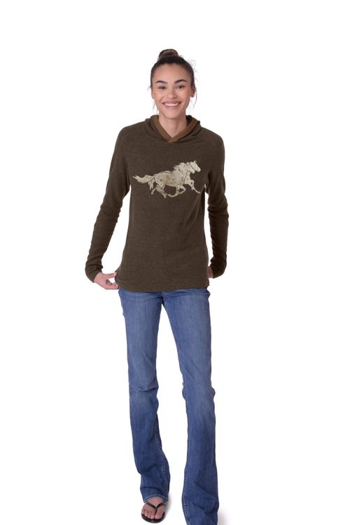 READY TO SHIP: Chestnut Bay Women's Rider Lounge Hoodie - Large - Dark Truffle Running Horses