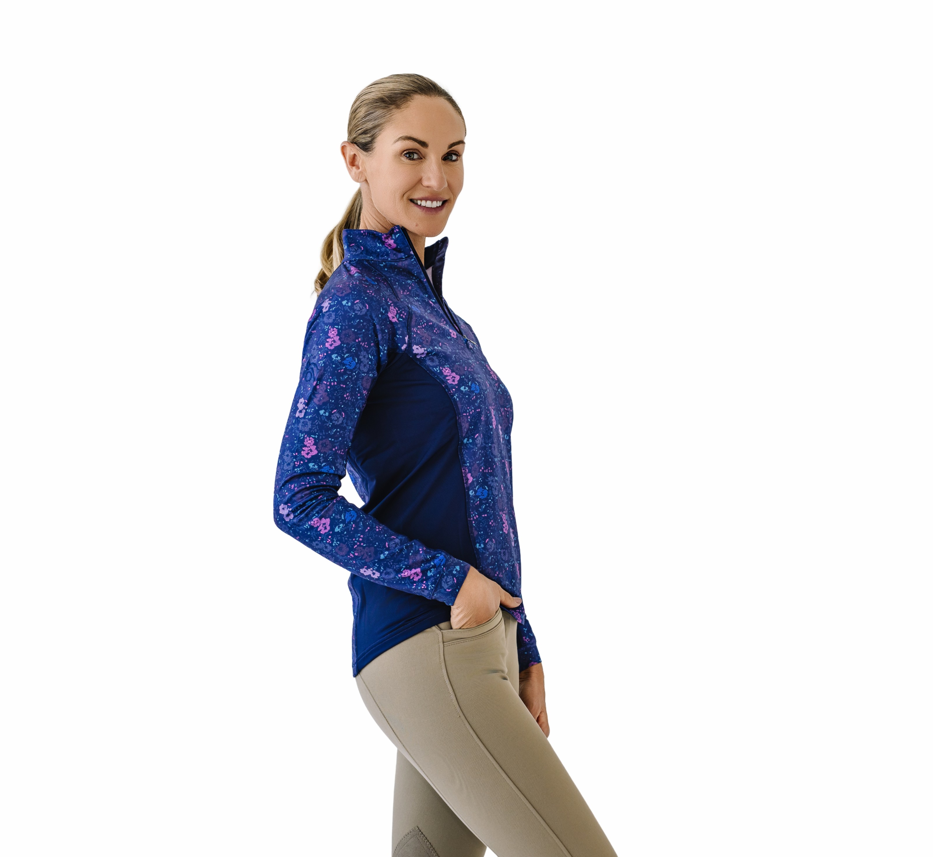 Peony in Blue on Tan Quarter Zip Sun Shirt main image 1