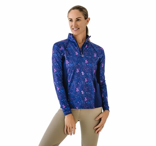 Ovation Women's 1/4 Zip Long Sleeve Printed Sun Shirt - Navy Mosaic Floral Print