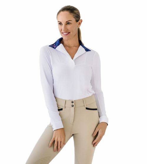 Ovation Women's Bib Front Long Sleeve Show Shirt - White/Navy Mosaic Floral