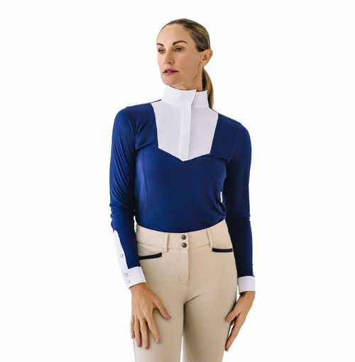 Ovation Women's Bib Front Long Sleeve Show Shirt - Navy/White